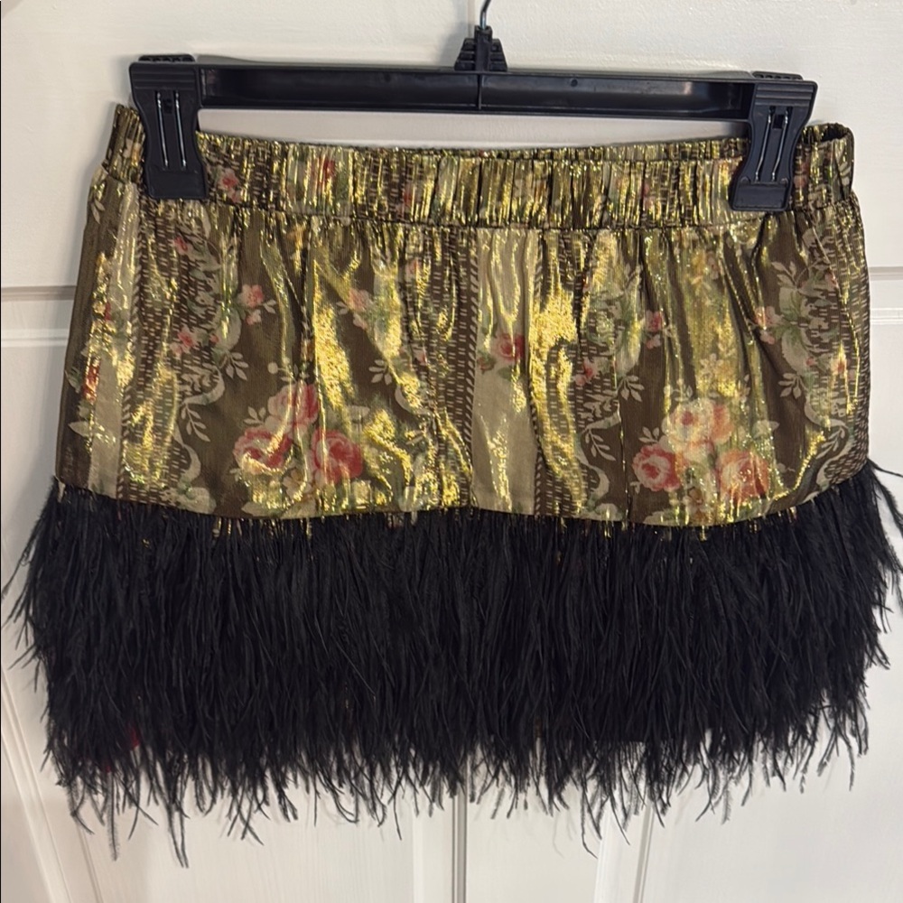 Love Shack Fancy Floral Gold and Black Feathered Skirt